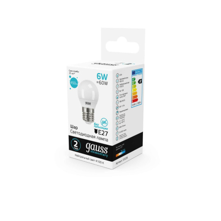 Лампа светодиодная Gauss E27 6W 4100K шар матовый 53226