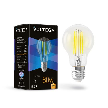 Лампа светодиодная филаментная Voltega E27 8W 3000K груша прозрачная 7229