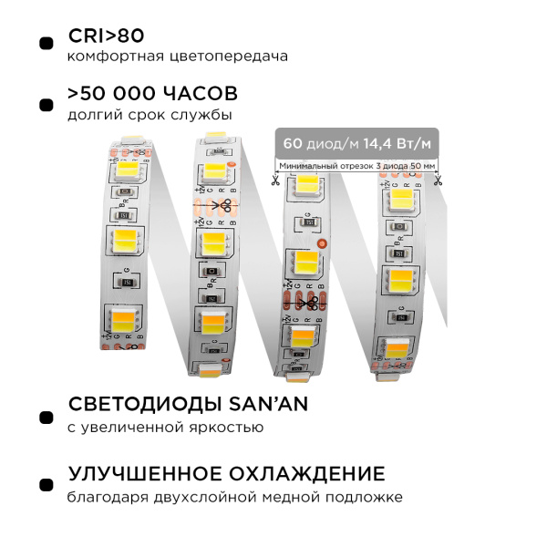 Комплект светодиодной ленты Apeyron 12В 14,4Вт/м smd5050 60д/м IP20 700Лм/м 2,5м 3000К+6500К (коннектор, контроллер) 10-222