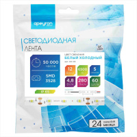 Светодиодная лента Apeyron 12В СТ 4,8Вт/м smd3528, 60д/м IP65 280Лм/м 5м 6500К 00-08