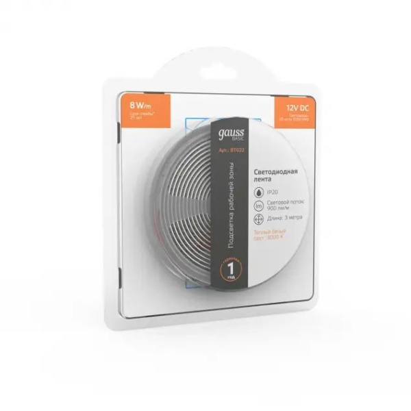 Светодиодная лента Gauss Basic 12В 5050 8Вт/м 3000K 3м IP20 BT022