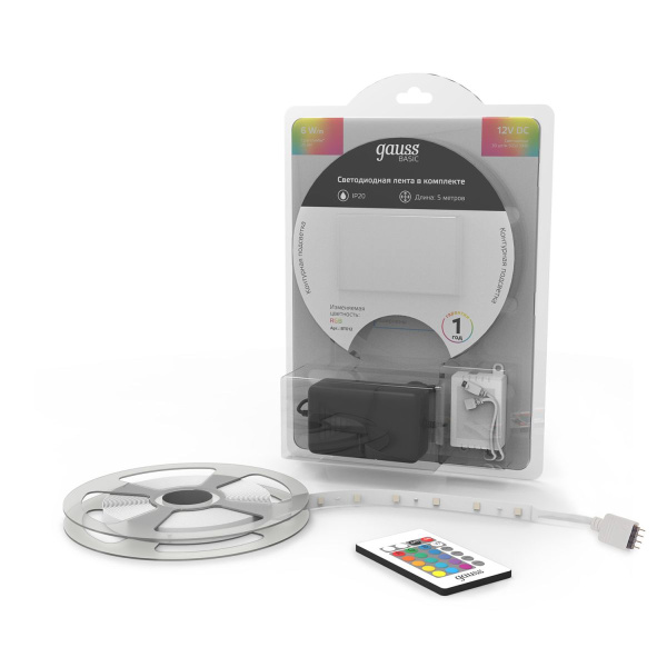 Светодиодная лента Gauss Basic 12В 5050 6Вт/м RGB 5м IP20 BT012