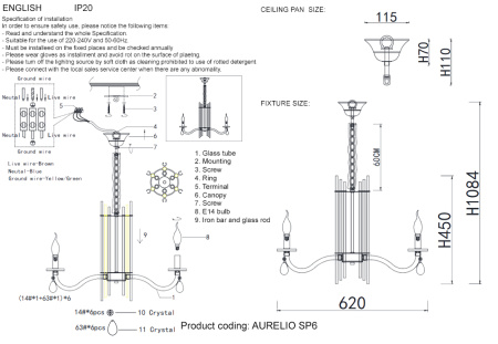 Подвесная люстра Crystal Lux AURELIO SP6 GOLD+CHROME/TRANSPARENT