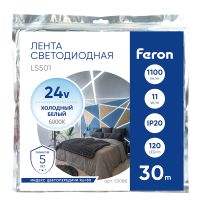 Светодиодная лента 24V Feron LS501, 120*SMD2835, 11W/m, IP20, 6000К (холодный белый) 53088