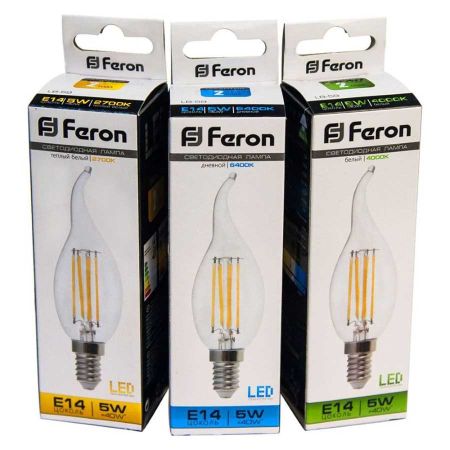 Лампа светодиодная филаментная Feron E14 5W 2700K Свеча на ветру Прозрачная LB-59 25575