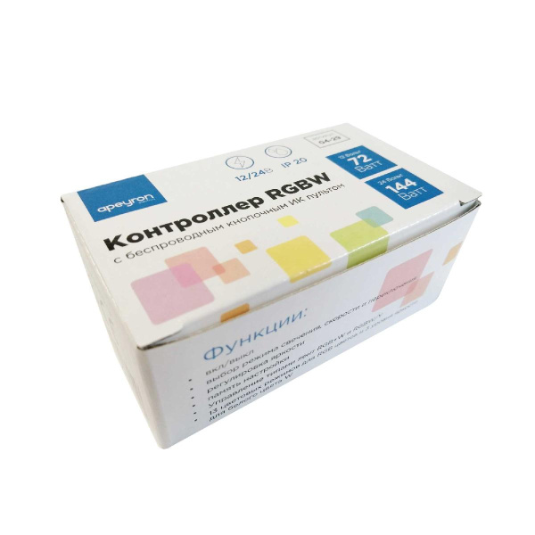 Контроллер для светодиодной ленты RGBW Apeyron 72Вт 12-24В 4*15A/канал IP20 пульт, DC-коннектор для входа, 5-игольчатый коннектор для выхода 04-29