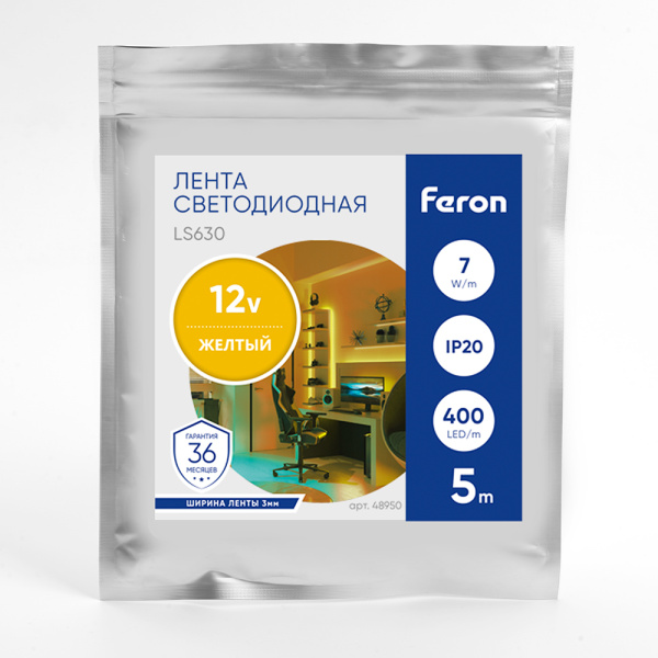 Светодиодная лента Feron LS630 12В 7Вт/м Желтый 5м IP20 48950