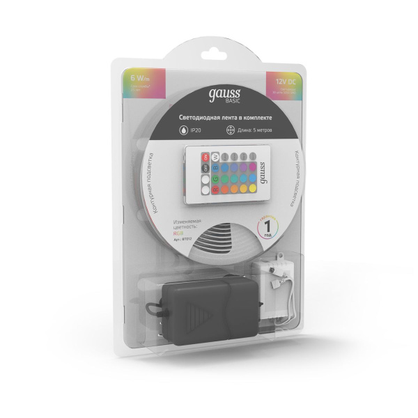 Светодиодная лента Gauss Basic 12В 5050 6Вт/м RGB 5м IP20 BT012