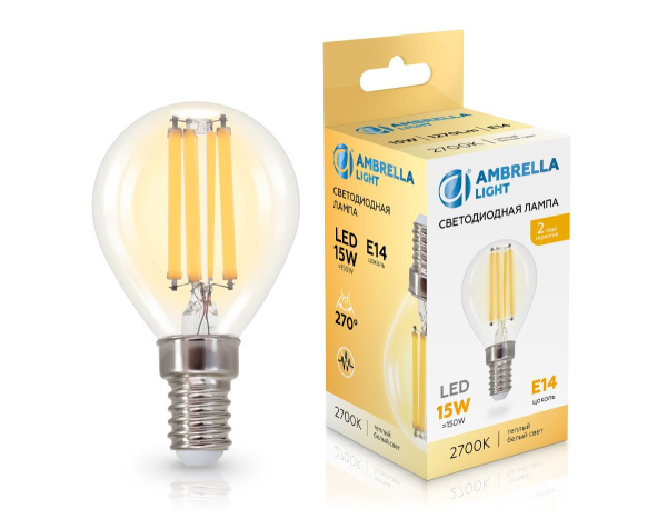 Филаментная светодиодная лампа Ambrella Light Bulbing E14 15W 2700K шар 451533