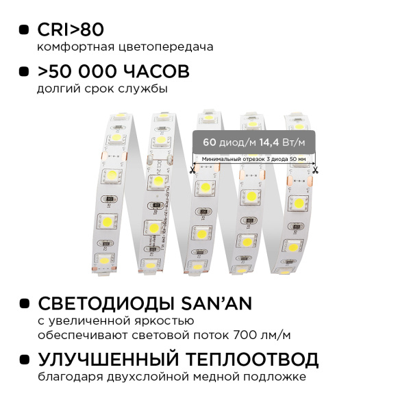 Комплект светодиодной ленты Apeyron 12В 14.4Вт/м smd 5050 60 д/м IP20 2,5м 6500K (блок, коннектор) 10-12