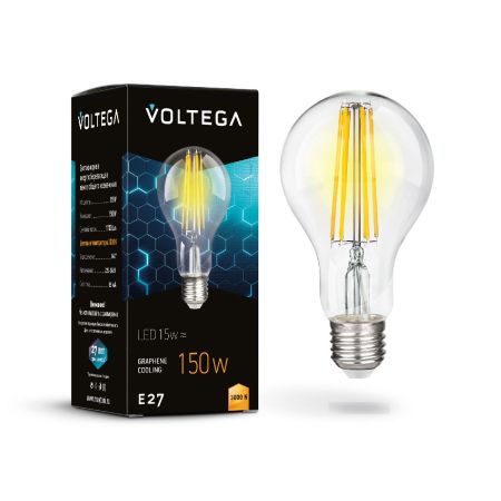 Лампа светодиодная филаментная Voltega E27 12W 3000K груша прозрачная 7226