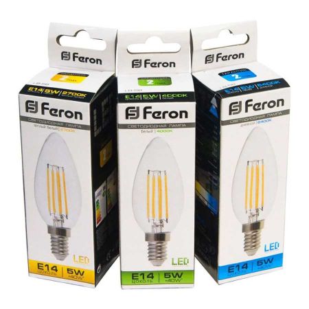 Лампа светодиодная филаментная Feron E14 5W 2700K Свеча Прозрачная LB-58 25572