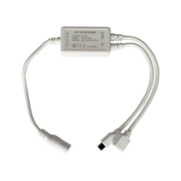 Контроллер для двухцветной светодиодной лентой Apeyron 12-24В 72Вт 2*3A/канал, IP20 пульт, DC-коннектор для входа, 4-игольчатый коннектор для выхода 04-30