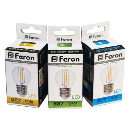 Лампа светодиодная филаментная Feron E27 5W 4000K Шар Прозрачная LB-61 25582